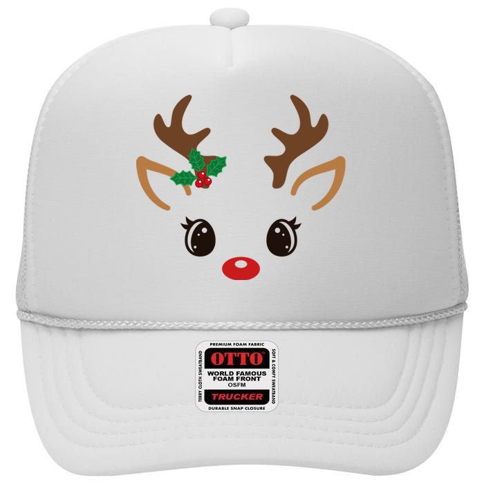 Cute Reindeer Face Christmas High Crown Mesh Back Trucker Hat