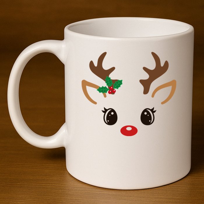 Cute Reindeer Face Christmas 11oz C Handle Ceramic Mug