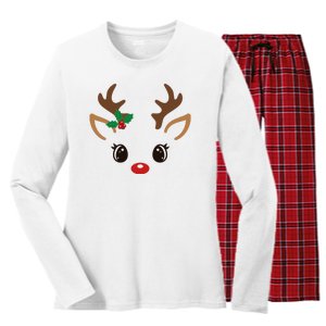 Cute Reindeer Face Christmas Women's Long Sleeve Flannel Pajama Set 