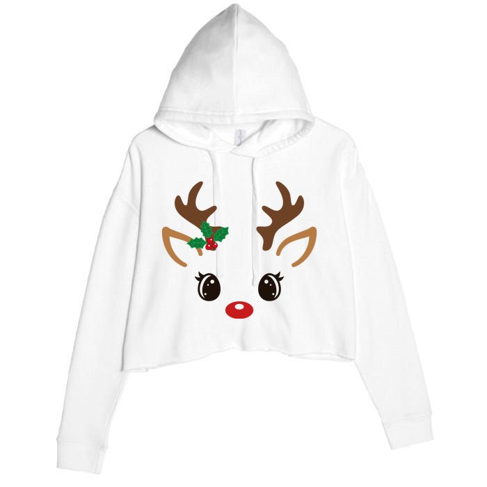 Cute Reindeer Face Christmas Crop Fleece Hoodie