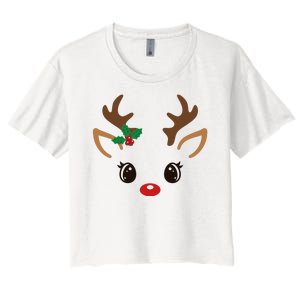 Cute Reindeer Face Christmas Women's Crop Top Tee