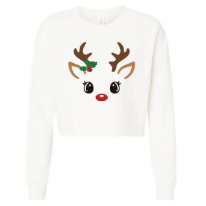 Cute Reindeer Face Christmas Cropped Pullover Crew