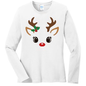 Cute Reindeer Face Christmas Ladies Long Sleeve Shirt