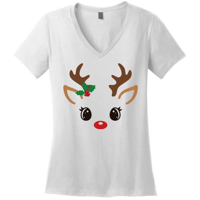 Cute Reindeer Face Christmas Women's V-Neck T-Shirt