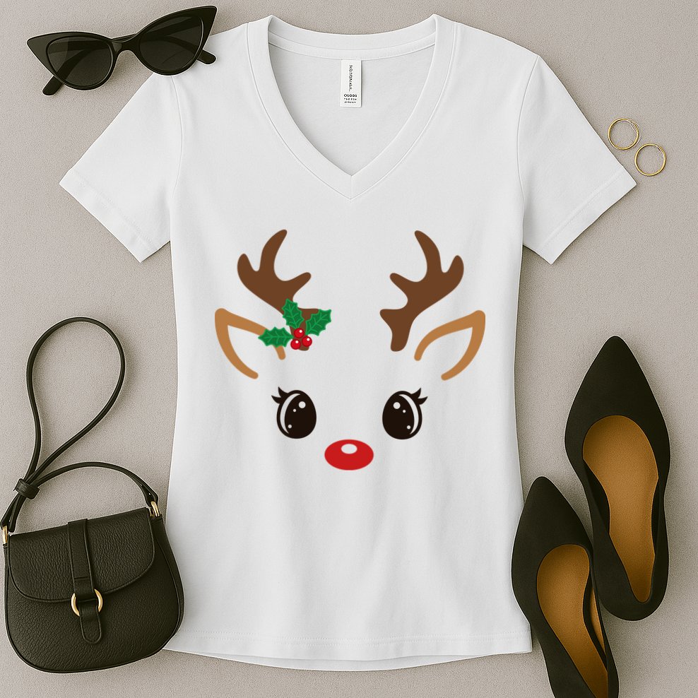 Cute Reindeer Face Christmas Women's V-Neck T-Shirt