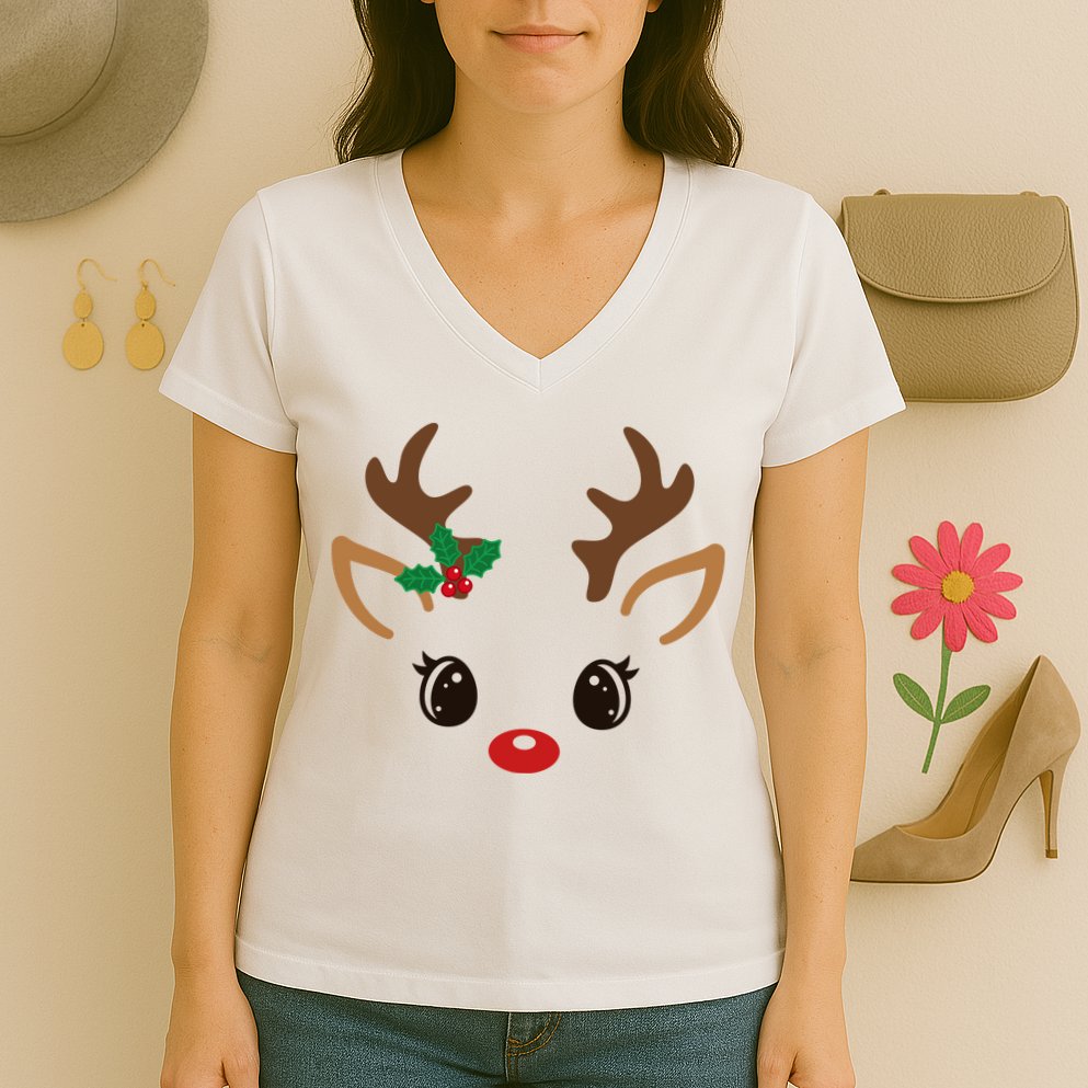 Cute Reindeer Face Christmas Women's V-Neck T-Shirt