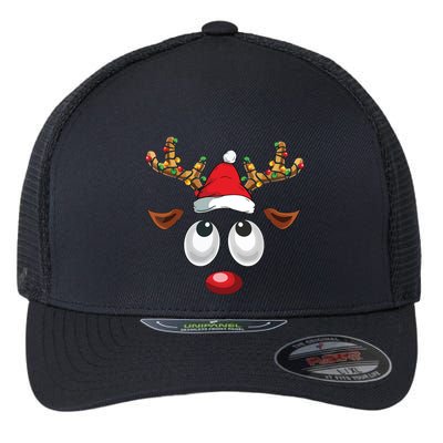 Christmas Reindeer Face Santa Hat Xmas Lights Flexfit Unipanel Trucker Cap