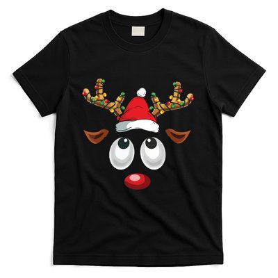 Christmas Reindeer Face Santa Hat Xmas Lights T-Shirt