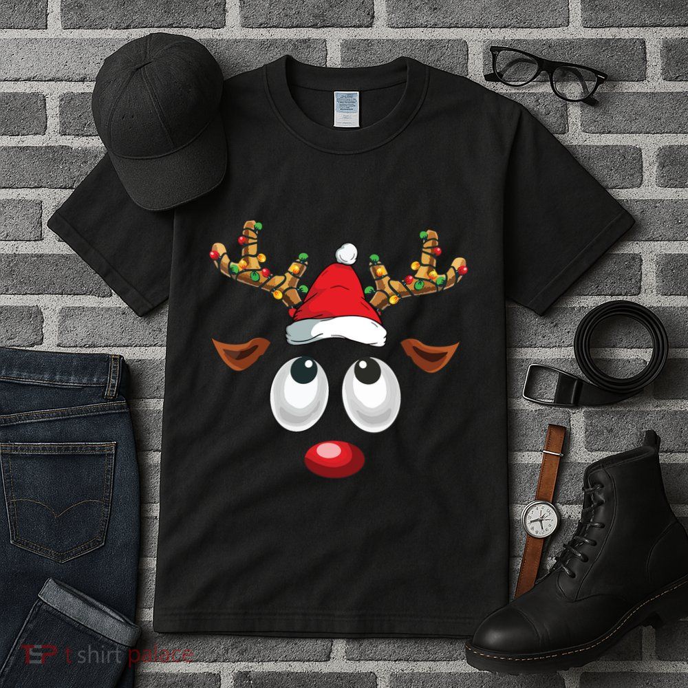Christmas Reindeer Face Santa Hat Xmas Lights Tall T-Shirt