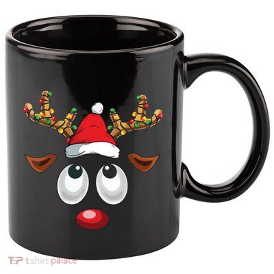 Christmas Reindeer Face Santa Hat Xmas Lights 11oz C Handle Ceramic Mug