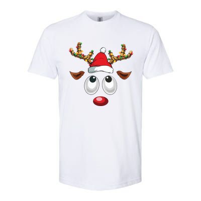 Christmas Reindeer Face Santa Hat Xmas Lights Softstyle® CVC T-Shirt