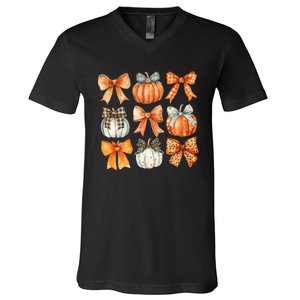 Coquette Retro Fall Pumpkin Bow Autumn Pumpkin V-Neck T-Shirt