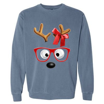 Cute Reindeer Face Sunglasses Red Christmas Pajamas For Girl Gift Garment-Dyed Sweatshirt