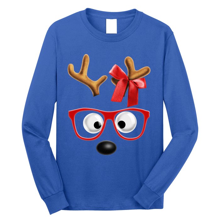 Cute Reindeer Face Sunglasses Red Christmas Pajamas For Girl Gift Long Sleeve Shirt