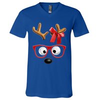 Cute Reindeer Face Sunglasses Red Christmas Pajamas For Girl Gift V-Neck T-Shirt