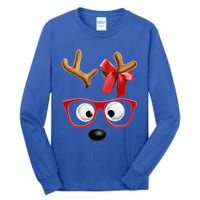 Cute Reindeer Face Sunglasses Red Christmas Pajamas For Girl Gift Tall Long Sleeve T-Shirt