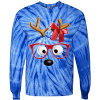 Cute Reindeer Face Sunglasses Red Christmas Pajamas For Girl Gift Tie-Dye Long Sleeve Shirt