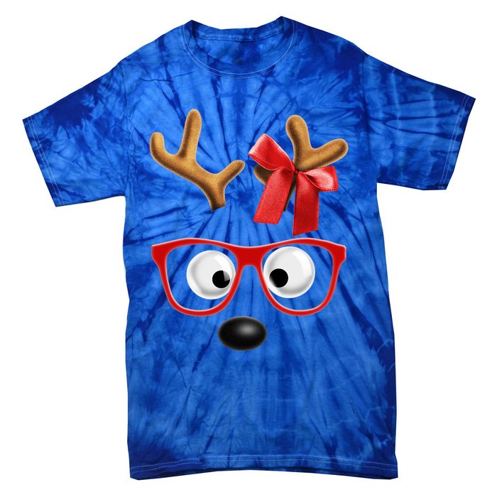 Cute Reindeer Face Sunglasses Red Christmas Pajamas For Girl Gift Tie-Dye T-Shirt