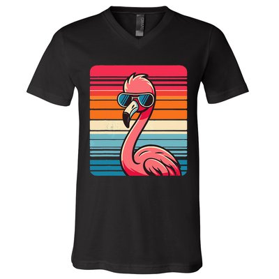 Cool Retro Flamingo In Sunglasses 70s 80s 90s Funny Flamingo V-Neck T-Shirt