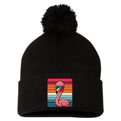 Cool Retro Flamingo In Sunglasses 70s 80s 90s Funny Flamingo Pom Pom 12in Knit Beanie