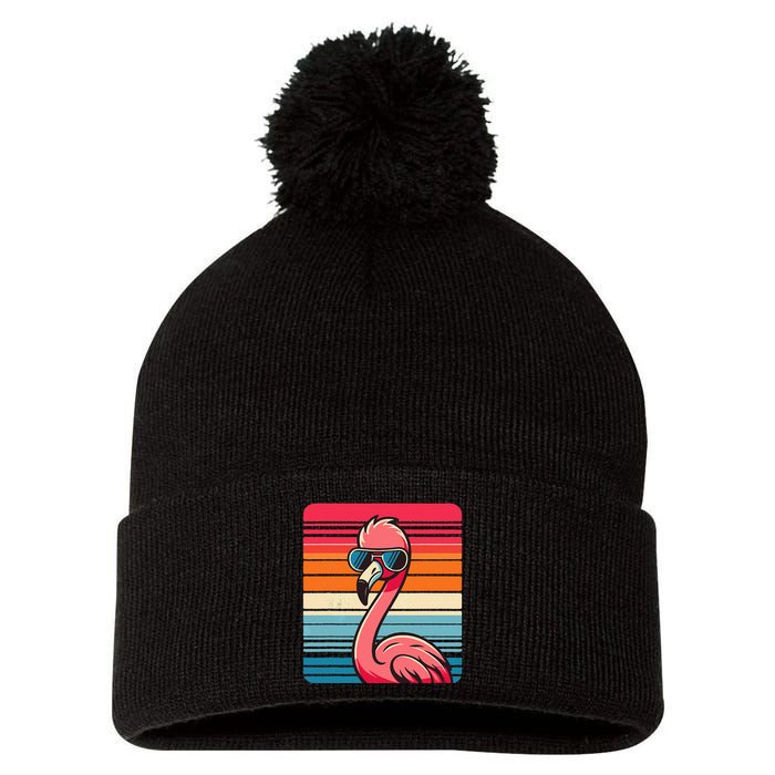 Cool Retro Flamingo In Sunglasses 70s 80s 90s Funny Flamingo Pom Pom 12in Knit Beanie