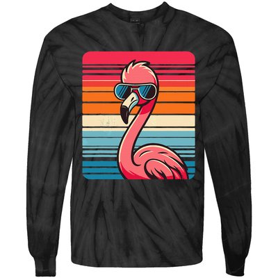 Cool Retro Flamingo In Sunglasses 70s 80s 90s Funny Flamingo Tie-Dye Long Sleeve Shirt