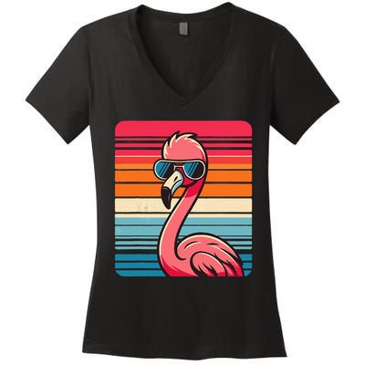 Cool Retro Flamingo In Sunglasses 70s 80s 90s Funny Flamingo Women's V-Neck T-Shirt