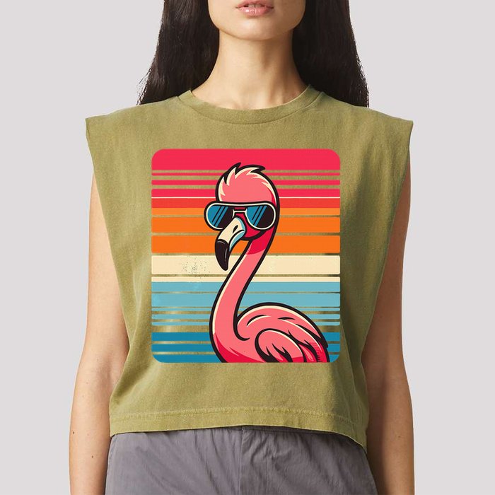 Cool Retro Flamingo In Sunglasses 70s 80s 90s Funny Flamingo Garment-Dyed Women's Muscle Tee