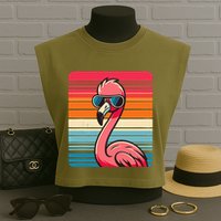 Cool Retro Flamingo In Sunglasses 70s 80s 90s Funny Flamingo Garment-Dyed Women's Muscle Tee