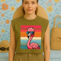 Cool Retro Flamingo In Sunglasses 70s 80s 90s Funny Flamingo Garment-Dyed Women's Muscle Tee