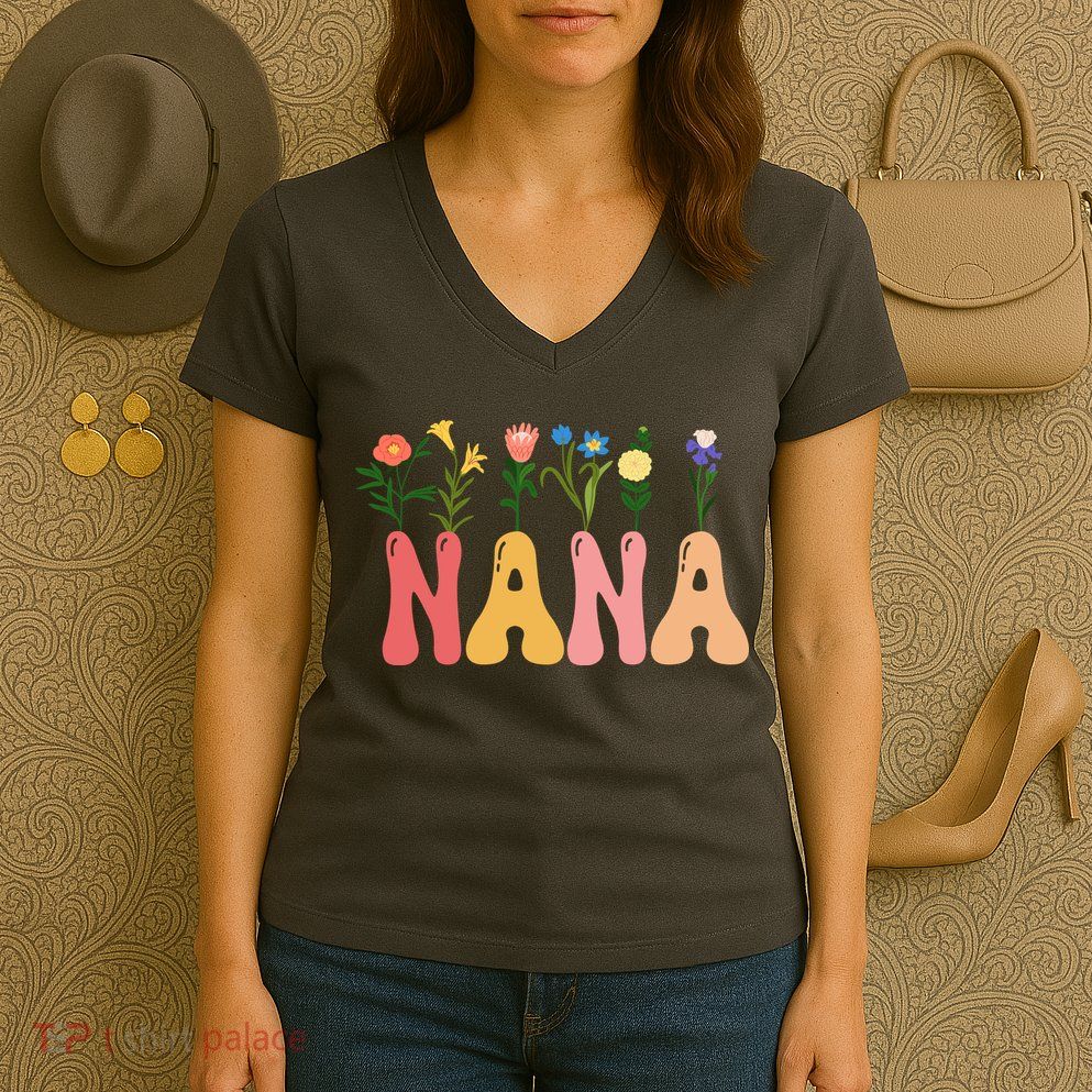 Cute Retro Floral Nana Women's V-Neck T-Shirt
