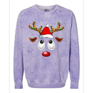 Christmas Reindeer Face Santa Hat Xmas Lights Colorblast Crewneck Sweatshirt