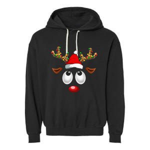 Christmas Reindeer Face Santa Hat Xmas Lights Garment-Dyed Fleece Hoodie