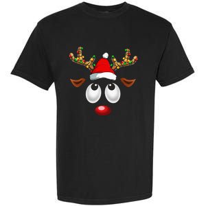 Christmas Reindeer Face Santa Hat Xmas Lights Garment-Dyed Heavyweight T-Shirt