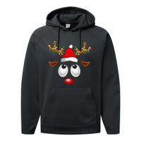 Christmas Reindeer Face Santa Hat Xmas Lights Performance Fleece Hoodie