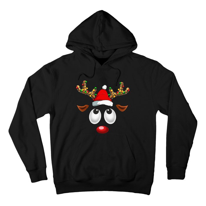 Christmas Reindeer Face Santa Hat Xmas Lights Hoodie