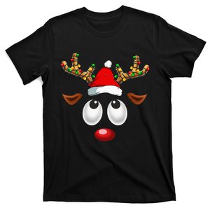 Christmas Reindeer Face Santa Hat Xmas Lights T-Shirt