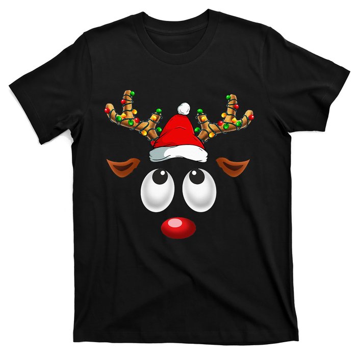 Christmas Reindeer Face Santa Hat Xmas Lights T-Shirt