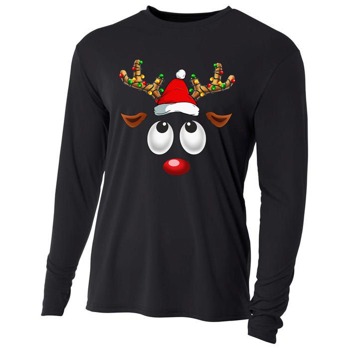 Christmas Reindeer Face Santa Hat Xmas Lights Cooling Performance Long Sleeve Crew