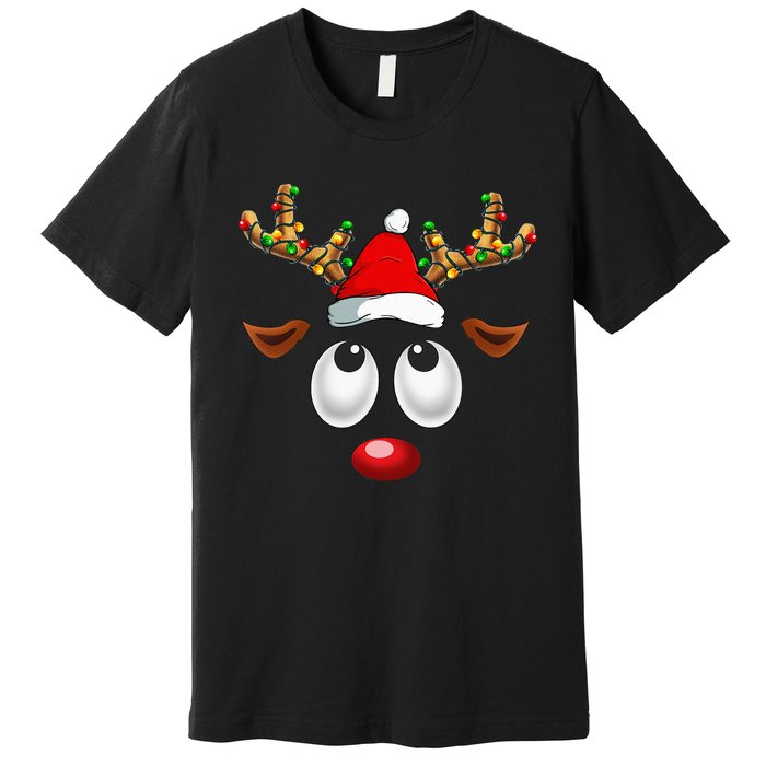 Christmas Reindeer Face Santa Hat Xmas Lights Premium T-Shirt