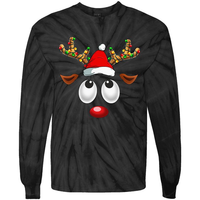 Christmas Reindeer Face Santa Hat Xmas Lights Tie-Dye Long Sleeve Shirt