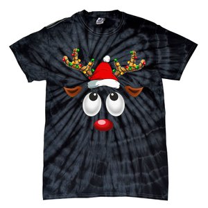 Christmas Reindeer Face Santa Hat Xmas Lights Tie-Dye T-Shirt