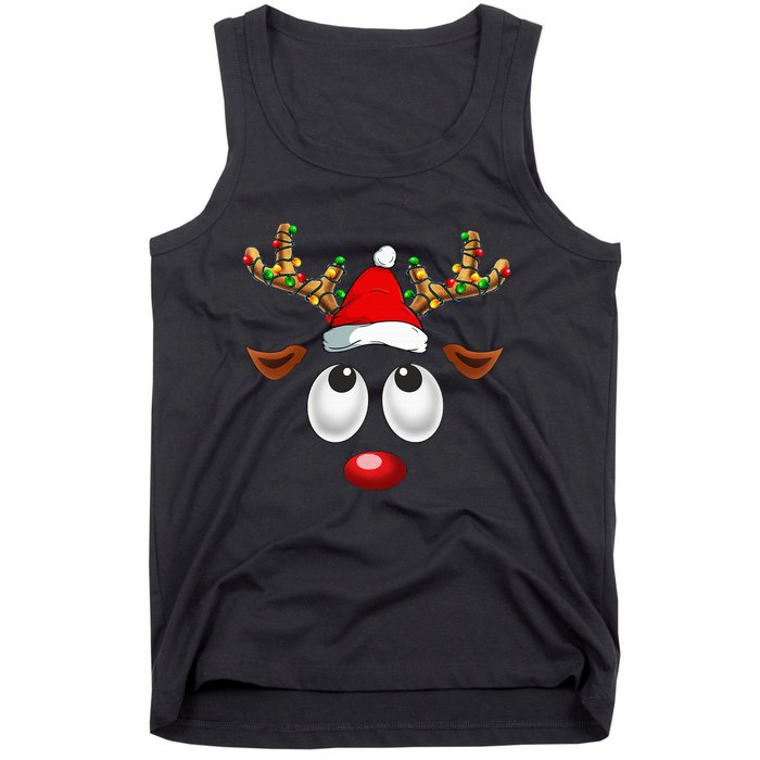 Christmas Reindeer Face Santa Hat Xmas Lights Tank Top