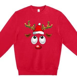 Christmas Reindeer Face Santa Hat Xmas Lights Premium Crewneck Sweatshirt