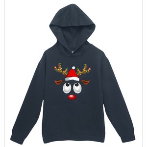 Christmas Reindeer Face Santa Hat Xmas Lights Urban Pullover Hoodie