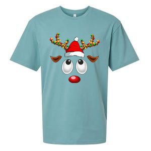 Christmas Reindeer Face Santa Hat Xmas Lights Sueded Cloud Jersey T-Shirt