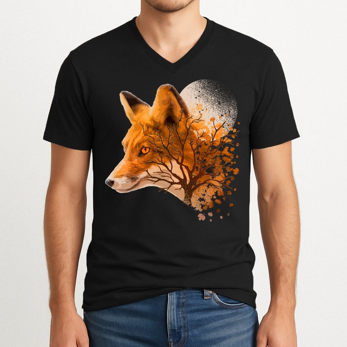 Cool Red Fox Tree V-Neck T-Shirt