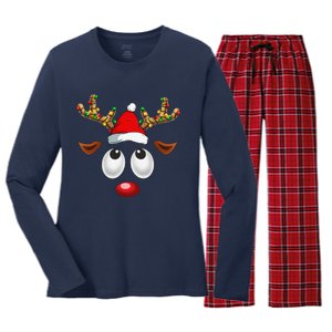 Christmas Reindeer Face Santa Hat Xmas Lights For Women's Long Sleeve Flannel Pajama Set 