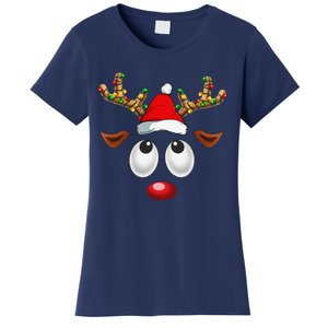 Christmas Reindeer Face Santa Hat Xmas Lights For Women's T-Shirt