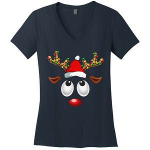 Christmas Reindeer Face Santa Hat Xmas Lights For Women's V-Neck T-Shirt